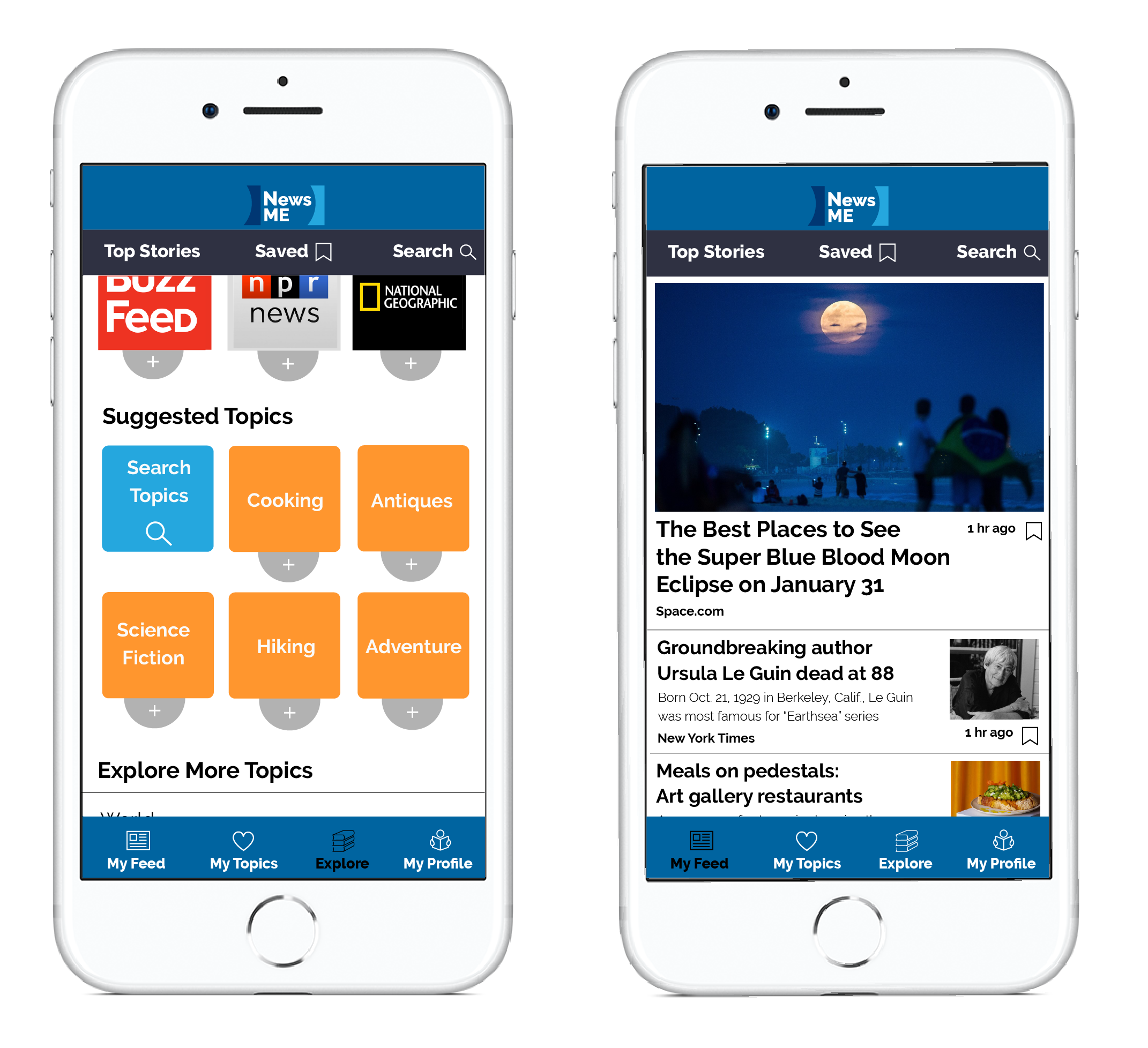 two iphones showing newsme app